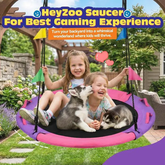 Alt view image 6 of 7 - HeyZoo 43 Inch Tree Swing, 900lbs Weight Capacity Saucer Swing Sets for Kids & Adults, with 360 Degree Swivel and Adjustable Hanging Strap, Pink and Purple