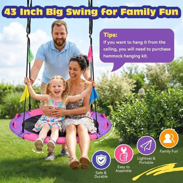 Alt view image 7 of 7 - HeyZoo 43 Inch Tree Swing, 900lbs Weight Capacity Saucer Swing Sets for Kids & Adults, with 360 Degree Swivel and Adjustable Hanging Strap, Pink and Purple