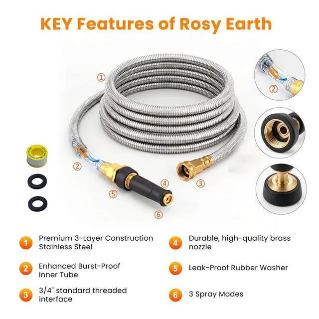 Alt view image 2 of 7 - Rosy Earth Stainless Steel Garden Hose 100 FT, Heavy Duty Expandable Water Hose, No-Kink, No Bite, Flexible Garden Hoses for Yard, RV, Car
