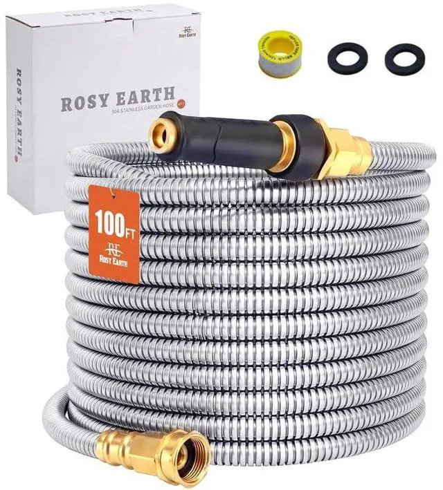 Main image of Rosy Earth Stainless Steel Garden Hose 100 FT, Heavy Duty Expandable Water Hose, No-Kink, No Bite, Flexible Garden Hoses for Yard, RV, Car
