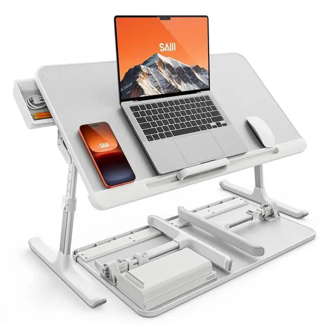 Main image of SAIJI Laptop Bed Tray Table, Adjustable PVC Leather Laptop Bed Table, Portable Standing Desk with Storage Drawer, Foldable Lap Tablet Table for Sofa Couch Floor (Large,White)