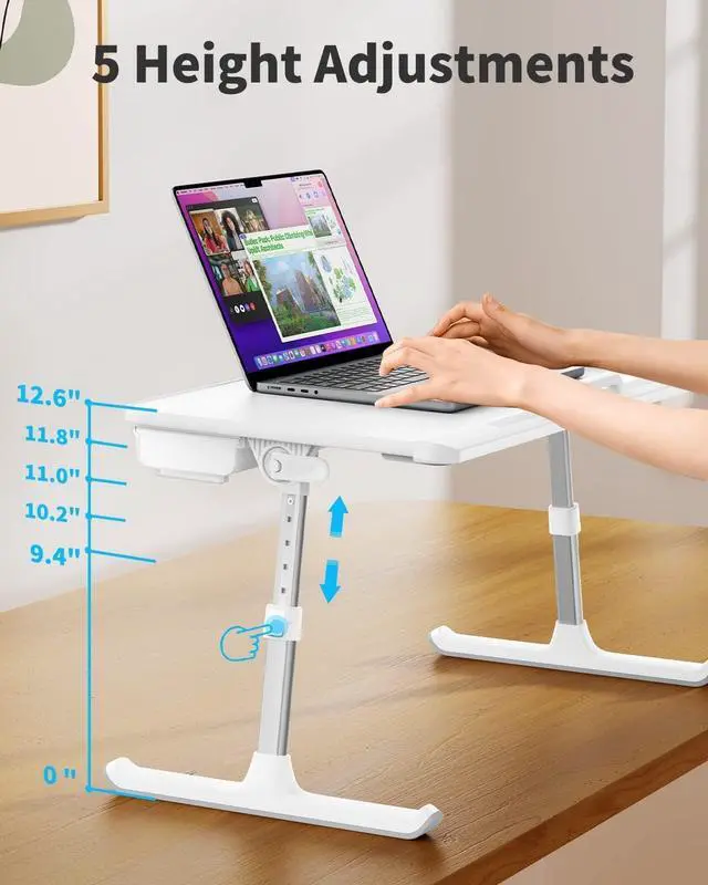 Alt view image 4 of 7 - SAIJI Laptop Bed Tray Table, Adjustable PVC Leather Laptop Bed Table, Portable Standing Desk with Storage Drawer, Foldable Lap Tablet Table for Sofa Couch Floor (Large,White)