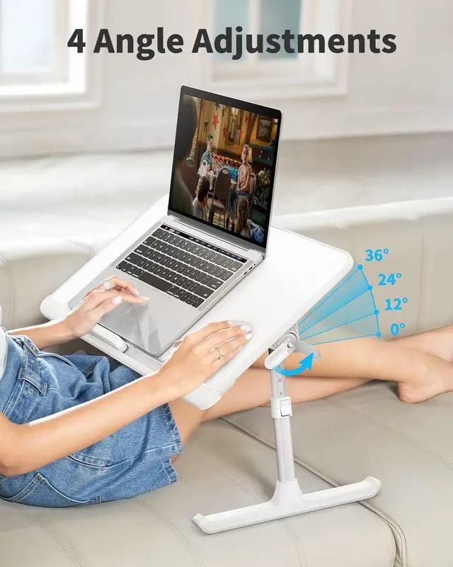 Alt view image 3 of 7 - SAIJI Laptop Bed Tray Table, Adjustable PVC Leather Laptop Bed Table, Portable Standing Desk with Storage Drawer, Foldable Lap Tablet Table for Sofa Couch Floor (Large,White)