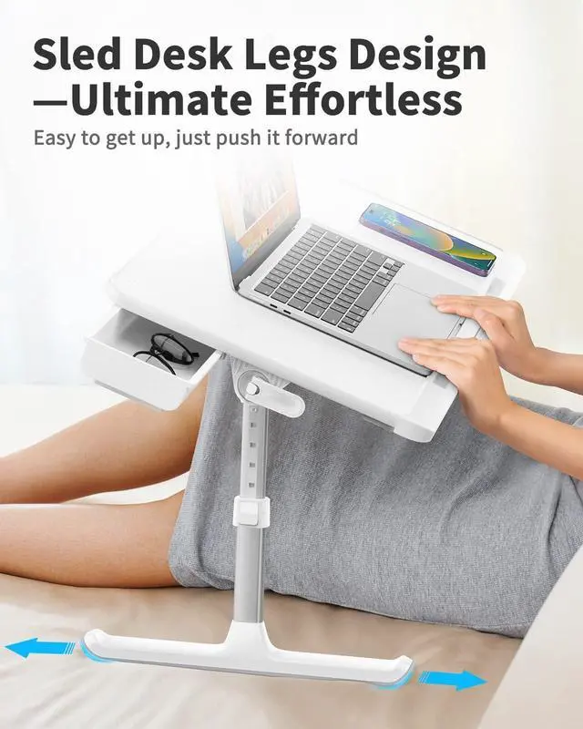Alt view image 5 of 7 - SAIJI Laptop Bed Tray Table, Adjustable PVC Leather Laptop Bed Table, Portable Standing Desk with Storage Drawer, Foldable Lap Tablet Table for Sofa Couch Floor (Large,White)