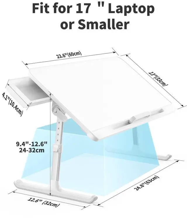 Alt view image 6 of 7 - SAIJI Laptop Bed Tray Table, Adjustable PVC Leather Laptop Bed Table, Portable Standing Desk with Storage Drawer, Foldable Lap Tablet Table for Sofa Couch Floor (Large,White)