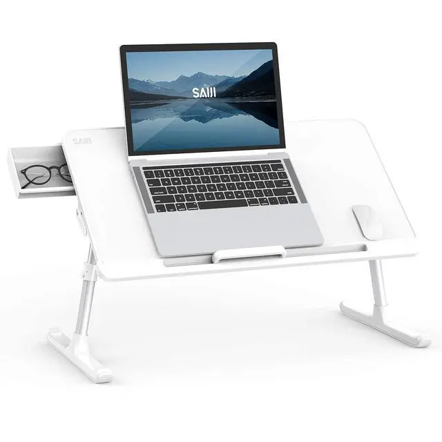 Alt view image 7 of 7 - SAIJI Laptop Bed Tray Table, Adjustable PVC Leather Laptop Bed Table, Portable Standing Desk with Storage Drawer, Foldable Lap Tablet Table for Sofa Couch Floor (Large,White)