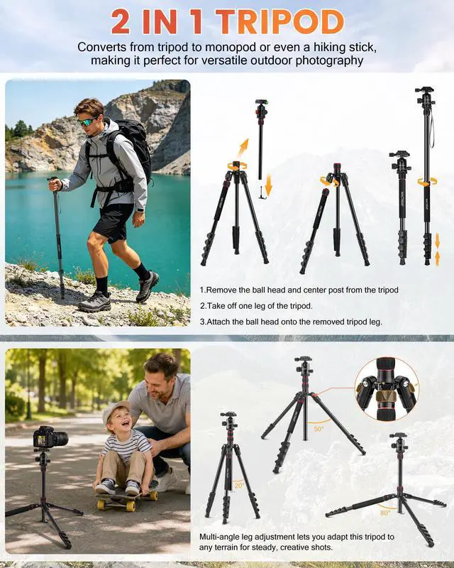 Alt view image 4 of 7 - MACTREM 80in/90in 2-in-1 Camera Tripod Monopod, Aluminum Travel Heavy Duty Tripod with 360° Ball Head Portable Macro Photography Tripod for Phone DSLR Canon Nikon Camera with Carry Bag Max Load 33lb