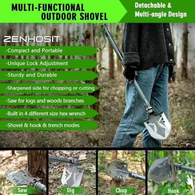 Alt view image 2 of 6 - ZENHOSIT Multifunctional Folding Tactical Shovel Hatchet Combo - With Axe, Flashlight, Extension Handles - For Camping, Cycling, Hiking - 19.3-40.9 Inches