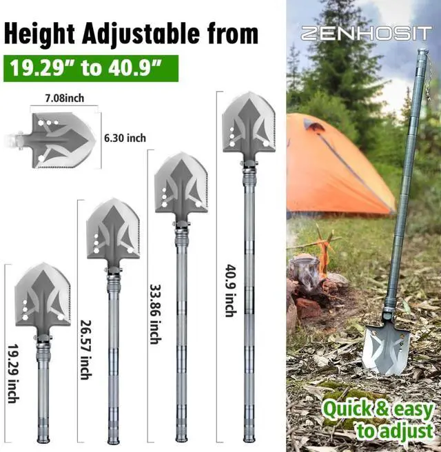 Alt view image 3 of 6 - ZENHOSIT Multifunctional Folding Tactical Shovel Hatchet Combo - With Axe, Flashlight, Extension Handles - For Camping, Cycling, Hiking - 19.3-40.9 Inches