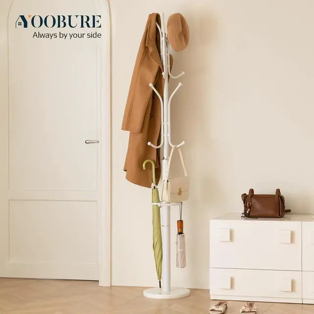 Alt view image 2 of 7 - Yoobure Metal Coat Rack Freestanding with Marble Base, Coat Tree with 12 Hooks & Umbrella Holder, Coat Hanger Stand for Corner Entryway Bedroom Office, Heavy Duty Coat Rack Stand for Clothes Hats Bags