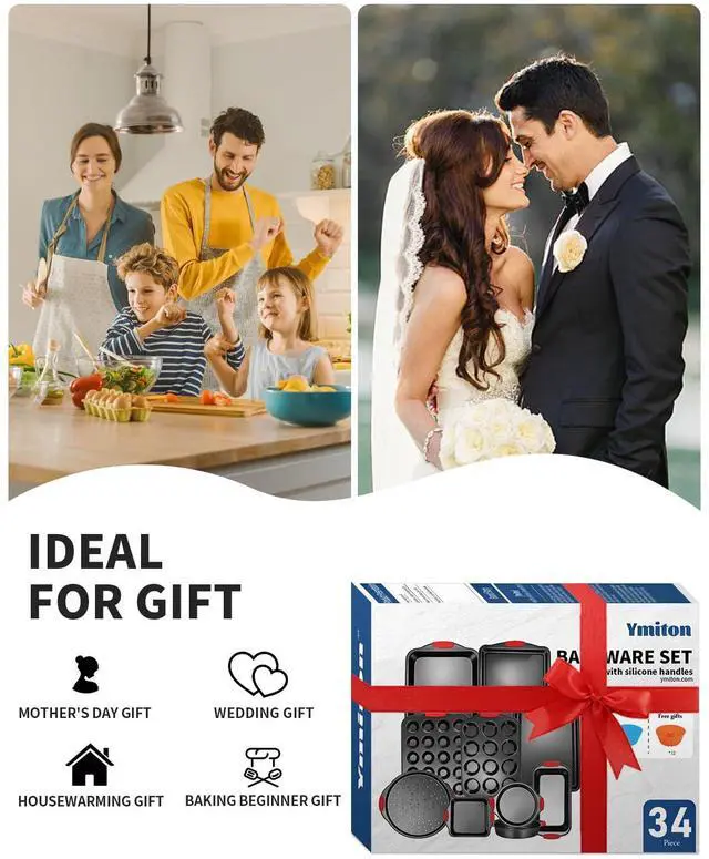 Alt view image 7 of 7 - Ymiton Baking Pans Set with Silicone Handles, 34 PCS Nonstick Bakeware Sets, Oven Pan Set Includes Baking Tray, Cookie Sheet, Cake Pans, Loaf Pan, Muffin Pan, Pizza Pan