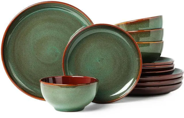 Main image of Pokini Stoneware Dinnerware Sets, Ceramic Plates and Bowls Set, Microwave & Dishwasher Safe Kitchen Dishes, Modern Dinner Salad Plates | Cereal Bowls, Dishware Sets Service for 4 Sage Green