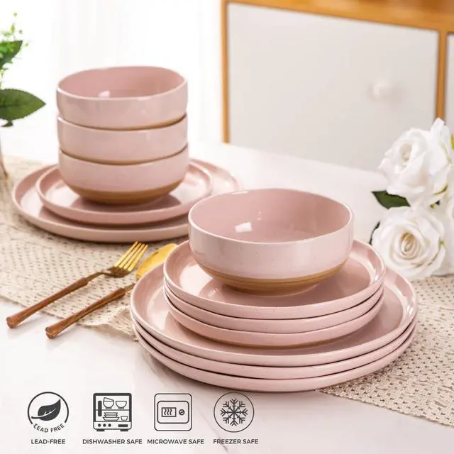 Alt view image 5 of 7 - AmorArc Ceramic Dinnerware Sets for 4, 12 Pieces Handpainted Plates and Bowls Set with Rustic Terracotta Underside, Scratch Resistant Stoneware Dishes Set, Dishwasher & Microwave Safe, Cloud Pink