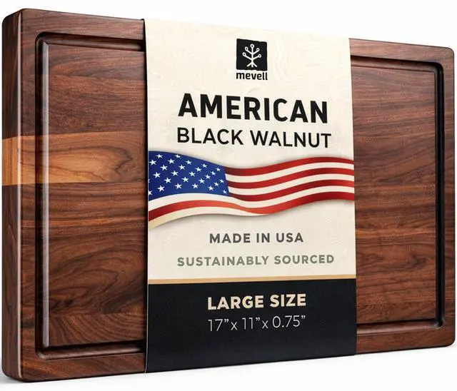 Main image of Walnut Wood Cutting Board for Kitchen, Reversible Wooden Cutting Board With Juice Grooves - Chopping Board, Charcuterie Serving Tray Made in USA (Walnut, 17x11x0.75)
