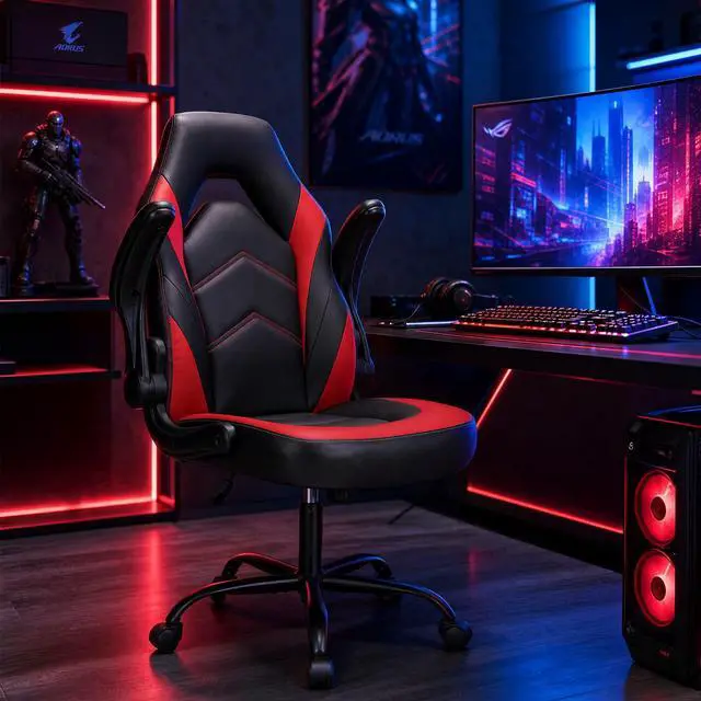 Alt view image 7 of 7 - DUMOS Ergonomic Computer Gaming Chair with Flip-up Armrest, Height Adjustable PU Leather Home Office Desk Chair with Lumbar Support Swivel Wheels and for Adults and Kids, Scarlet Red