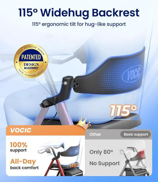 Alt view image 3 of 7 - VOCIC Walkers for Seniors, Z21 Rollator Walker with Seat Supports 350lb, 8" Big Wheels for All Terrain, Ergonomic Arc Seat & 6" Ultra Backrest Foldable Walker, Dual Height Adjustment, Lightweight 2025