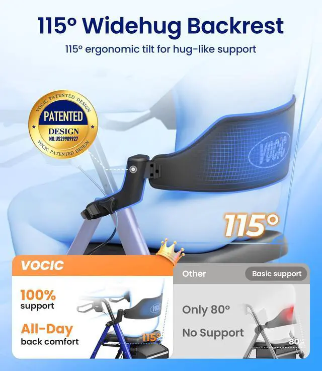 Alt view image 3 of 7 - VOCIC Walkers for Seniors, Z21 Rollator Walker with Seat Supports 350lb, 8" Big Wheels for All Terrain, Ergonomic Arc Seat & 6" Ultra Backrest Foldable Walker, Dual Height Adjustment, Lightweight 2026
