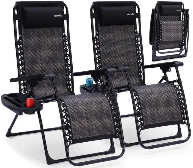 Main image of SereneLife Zero Gravity Lounge Chair Set of 2 Outdoor Reclining Patio Chairs with Rattan Side Table, Cup Holder & Pillow Foldable Lawn Chairs for Patio Furniture, Garden, Beach, or Indoor Relaxation