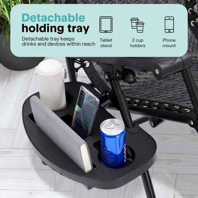 Alt view image 5 of 7 - SereneLife Zero Gravity Lounge Chair Set of 2 Outdoor Reclining Patio Chairs with Rattan Side Table, Cup Holder & Pillow Foldable Lawn Chairs for Patio Furniture, Garden, Beach, or Indoor Relaxation