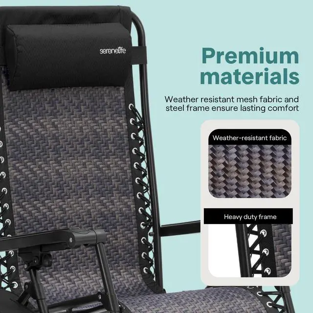 Alt view image 6 of 7 - SereneLife Zero Gravity Lounge Chair Set of 2 Outdoor Reclining Patio Chairs with Rattan Side Table, Cup Holder & Pillow Foldable Lawn Chairs for Patio Furniture, Garden, Beach, or Indoor Relaxation