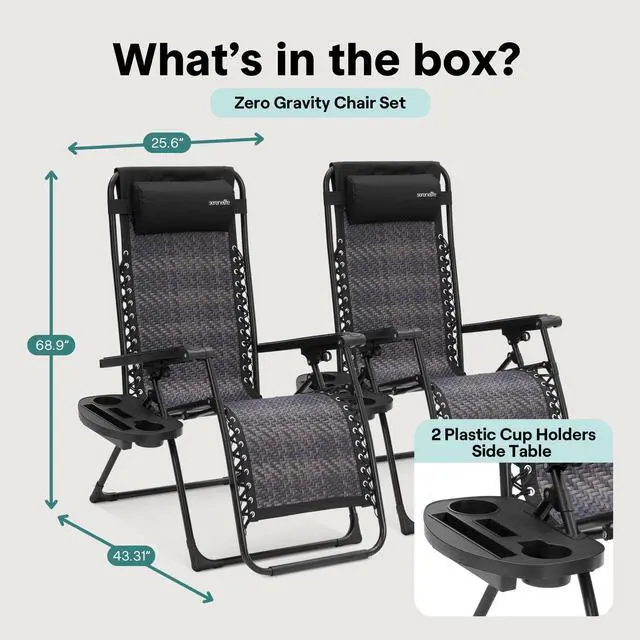 Alt view image 7 of 7 - SereneLife Zero Gravity Lounge Chair Set of 2 Outdoor Reclining Patio Chairs with Rattan Side Table, Cup Holder & Pillow Foldable Lawn Chairs for Patio Furniture, Garden, Beach, or Indoor Relaxation