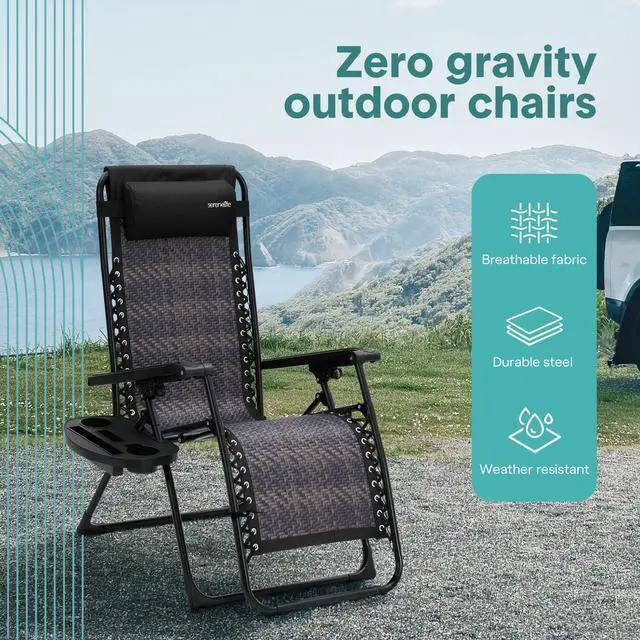 Alt view image 3 of 7 - SereneLife Zero Gravity Lounge Chair Set of 2 Outdoor Reclining Patio Chairs with Rattan Side Table, Cup Holder & Pillow Foldable Lawn Chairs for Patio Furniture, Garden, Beach, or Indoor Relaxation