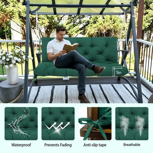 Alt view image 2 of 7 - Porch Swing Cushions 60x40 Inch, 5" Extra Thick Waterproof Outdoor Swing Seat Cushion with Backrest & 8 Non-Slip Ties PP Cotton + Memory Foam Fill, Fade-Resistant 3-Seater Replacement for Patio Bench