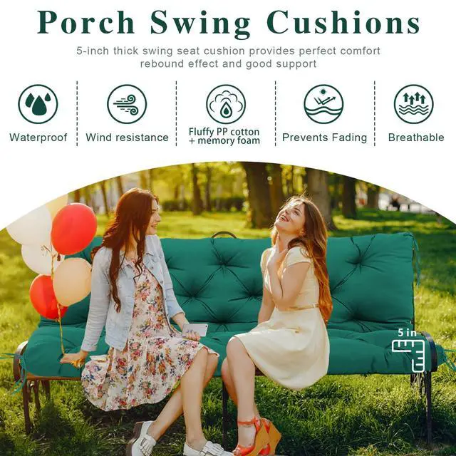 Alt view image 4 of 7 - Porch Swing Cushions 60x40 Inch, 5" Extra Thick Waterproof Outdoor Swing Seat Cushion with Backrest & 8 Non-Slip Ties PP Cotton + Memory Foam Fill, Fade-Resistant 3-Seater Replacement for Patio Bench