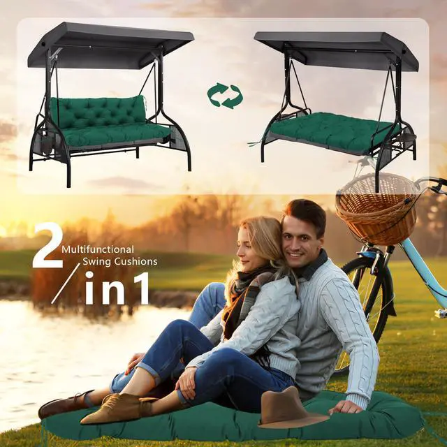 Alt view image 5 of 7 - Porch Swing Cushions 60x40 Inch, 5" Extra Thick Waterproof Outdoor Swing Seat Cushion with Backrest & 8 Non-Slip Ties PP Cotton + Memory Foam Fill, Fade-Resistant 3-Seater Replacement for Patio Bench