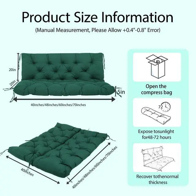 Alt view image 6 of 7 - Porch Swing Cushions 60x40 Inch, 5" Extra Thick Waterproof Outdoor Swing Seat Cushion with Backrest & 8 Non-Slip Ties PP Cotton + Memory Foam Fill, Fade-Resistant 3-Seater Replacement for Patio Bench
