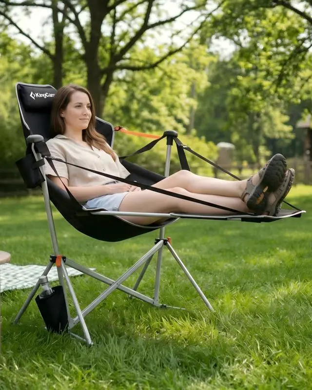 Alt view image 2 of 7 - KingCamp Hammock Chair with Footrest Heavy Duty Swinging Rocking Camping Chairs for Adults up to 400lbs, Folding Portable Oversized Rocker with Cup Holder & Pillow for Outdoor Beach Lawn RV Sports