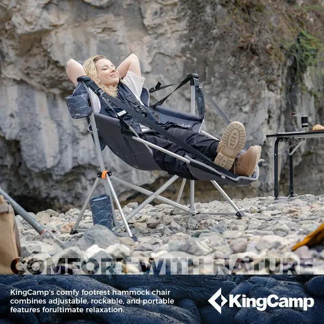 Alt view image 3 of 7 - KingCamp Hammock Chair with Footrest Heavy Duty Swinging Rocking Camping Chairs for Adults up to 400lbs, Folding Portable Oversized Rocker with Cup Holder & Pillow for Outdoor Beach Lawn RV Sports