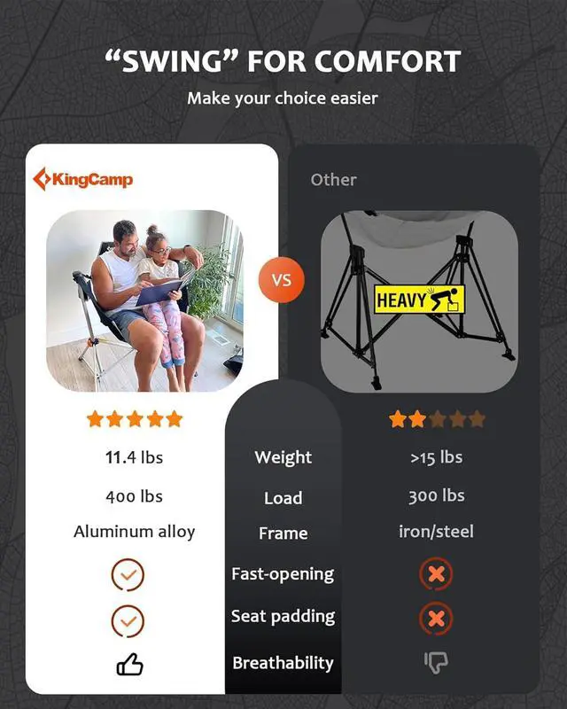Alt view image 5 of 7 - KingCamp Hammock Chair with Footrest Heavy Duty Swinging Rocking Camping Chairs for Adults up to 400lbs, Folding Portable Oversized Rocker with Cup Holder & Pillow for Outdoor Beach Lawn RV Sports