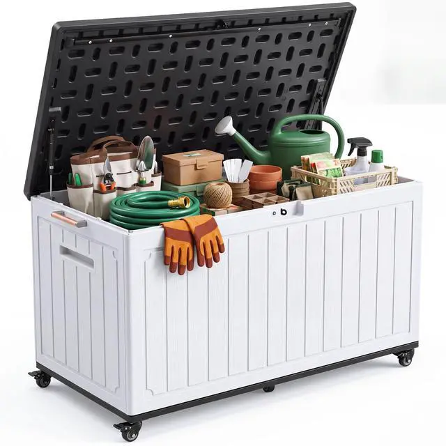 Main image of YITAHOME 90 Gallon Outdoor Storage Box with 6 Swivel Wheels & Dual Wooden Handles, Large Double-Wall Resin Deck Box, Lockable Waterproof Patio Organizer for Furniture, Cushions, White & Black