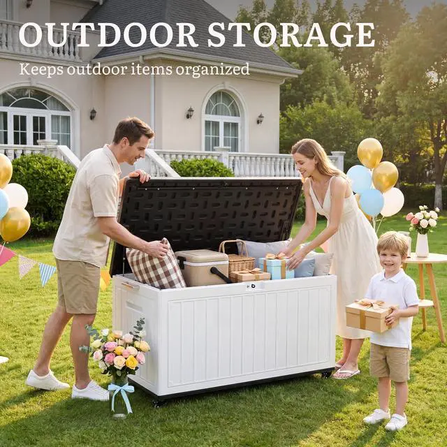 Alt view image 2 of 7 - YITAHOME 90 Gallon Outdoor Storage Box with 6 Swivel Wheels & Dual Wooden Handles, Large Double-Wall Resin Deck Box, Lockable Waterproof Patio Organizer for Furniture, Cushions, White & Black