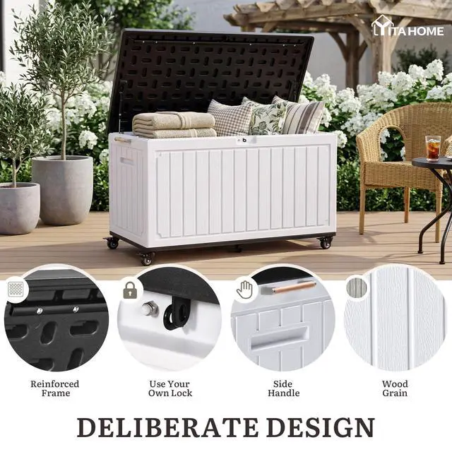 Alt view image 3 of 7 - YITAHOME 90 Gallon Outdoor Storage Box with 6 Swivel Wheels & Dual Wooden Handles, Large Double-Wall Resin Deck Box, Lockable Waterproof Patio Organizer for Furniture, Cushions, White & Black