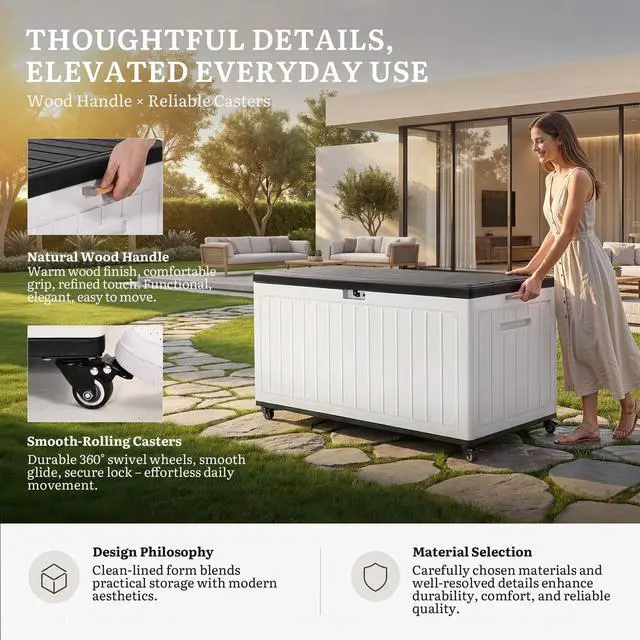 Alt view image 4 of 7 - YITAHOME 90 Gallon Outdoor Storage Box with 6 Swivel Wheels & Dual Wooden Handles, Large Double-Wall Resin Deck Box, Lockable Waterproof Patio Organizer for Furniture, Cushions, White & Black