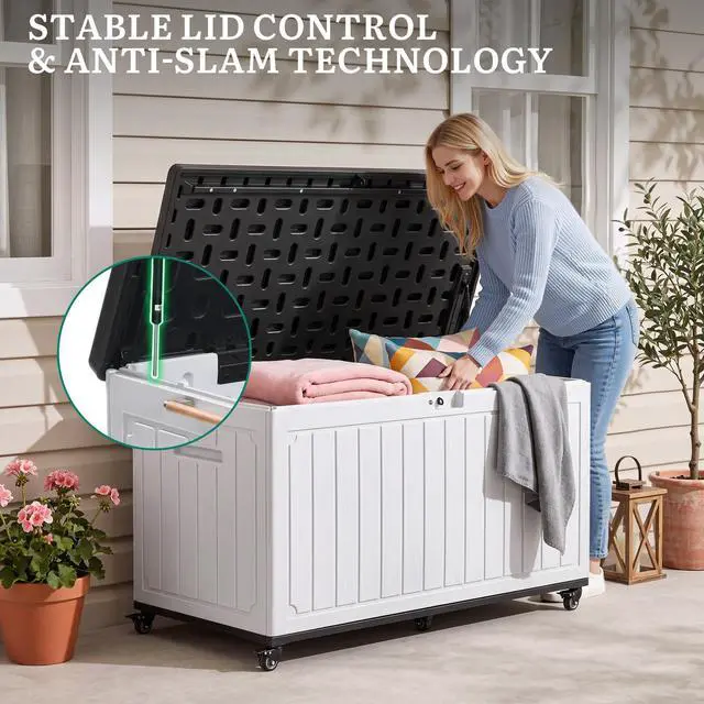 Alt view image 5 of 7 - YITAHOME 90 Gallon Outdoor Storage Box with 6 Swivel Wheels & Dual Wooden Handles, Large Double-Wall Resin Deck Box, Lockable Waterproof Patio Organizer for Furniture, Cushions, White & Black