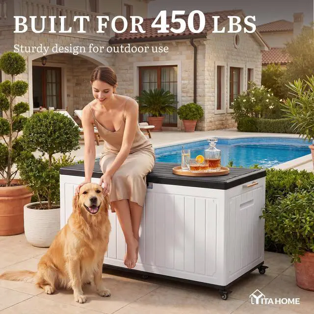 Alt view image 6 of 7 - YITAHOME 90 Gallon Outdoor Storage Box with 6 Swivel Wheels & Dual Wooden Handles, Large Double-Wall Resin Deck Box, Lockable Waterproof Patio Organizer for Furniture, Cushions, White & Black