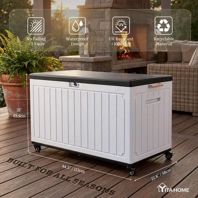 Alt view image 7 of 7 - YITAHOME 90 Gallon Outdoor Storage Box with 6 Swivel Wheels & Dual Wooden Handles, Large Double-Wall Resin Deck Box, Lockable Waterproof Patio Organizer for Furniture, Cushions, White & Black