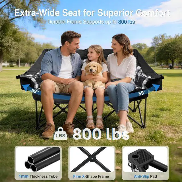 Alt view image 5 of 7 - Suteck Double Camping Chair, Oversized Camping Couch with 2 in 1 Pockets, Heavy Duty 800LBS Loveseat Camping Chair for Adults, Folding Lawn Chairs Sofa with Wine Holder for Patio Outdoor Indoor