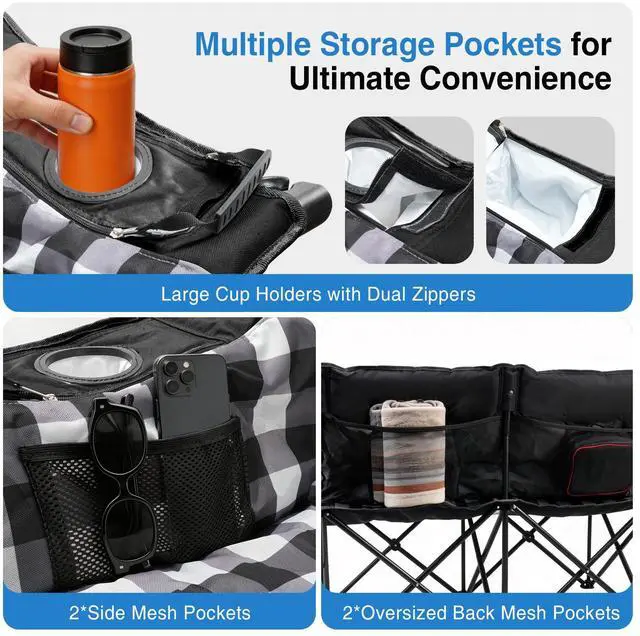 Alt view image 6 of 7 - Suteck Double Camping Chair, Oversized Camping Couch with 2 in 1 Pockets, Heavy Duty 800LBS Loveseat Camping Chair for Adults, Folding Lawn Chairs Sofa with Wine Holder for Patio Outdoor Indoor