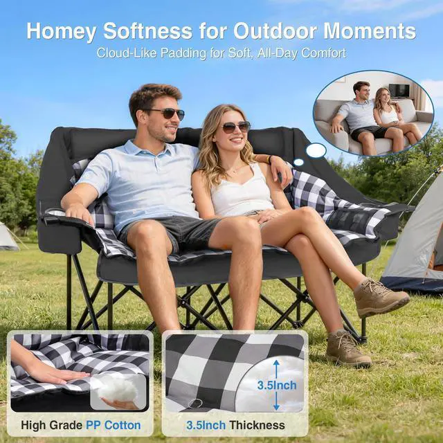 Alt view image 3 of 7 - Suteck Double Camping Chair, Oversized Camping Couch with 2 in 1 Pockets, Heavy Duty 800LBS Loveseat Camping Chair for Adults, Folding Lawn Chairs Sofa with Wine Holder for Patio Outdoor Indoor