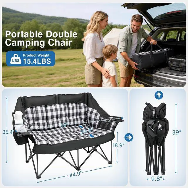 Alt view image 2 of 7 - Suteck Double Camping Chair, Oversized Camping Couch with 2 in 1 Pockets, Heavy Duty 800LBS Loveseat Camping Chair for Adults, Folding Lawn Chairs Sofa with Wine Holder for Patio Outdoor Indoor