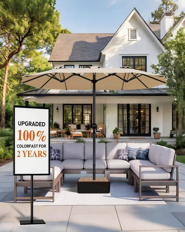 Alt view image 2 of 7 - GDPFN 15FT Large Patio Umbrella with Base Included, Outdoor Deck Standing Umbrella with Crank Handle, Double-Side Rectangular Pool Umbrella for Outside, Market, Patio, Beige