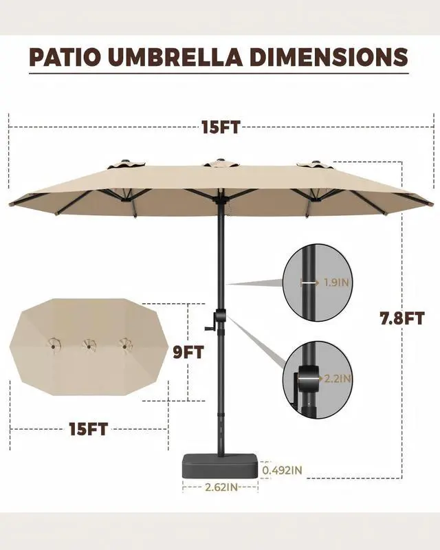 Alt view image 5 of 7 - GDPFN 15FT Large Patio Umbrella with Base Included, Outdoor Deck Standing Umbrella with Crank Handle, Double-Side Rectangular Pool Umbrella for Outside, Market, Patio, Beige