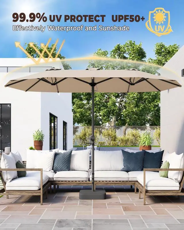 Alt view image 6 of 7 - GDPFN 15FT Large Patio Umbrella with Base Included, Outdoor Deck Standing Umbrella with Crank Handle, Double-Side Rectangular Pool Umbrella for Outside, Market, Patio, Beige