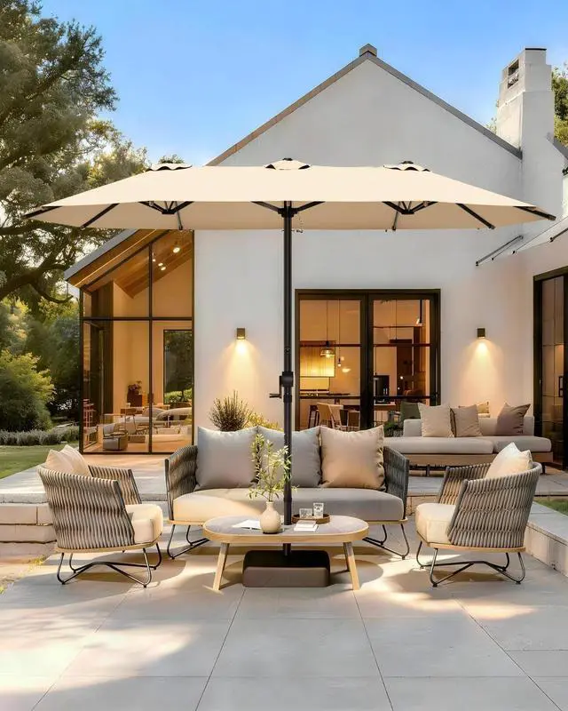 Alt view image 7 of 7 - GDPFN 15FT Large Patio Umbrella with Base Included, Outdoor Deck Standing Umbrella with Crank Handle, Double-Side Rectangular Pool Umbrella for Outside, Market, Patio, Beige