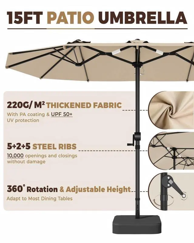 Alt view image 4 of 7 - GDPFN 15FT Large Patio Umbrella with Base Included, Outdoor Deck Standing Umbrella with Crank Handle, Double-Side Rectangular Pool Umbrella for Outside, Market, Patio, Beige