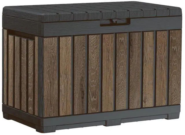 Main image of Keter Signature Everwood 50 Gallon Resin Deck Box-Organization and Storage for Patio Cushions, Throw Pillows and Garden Tools, Walnut